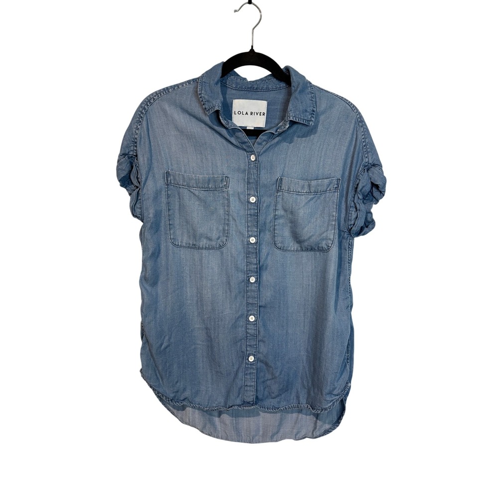 Lola River Women's Blue Chambray Button Down Shirt Size Small‎ Short Sleeve